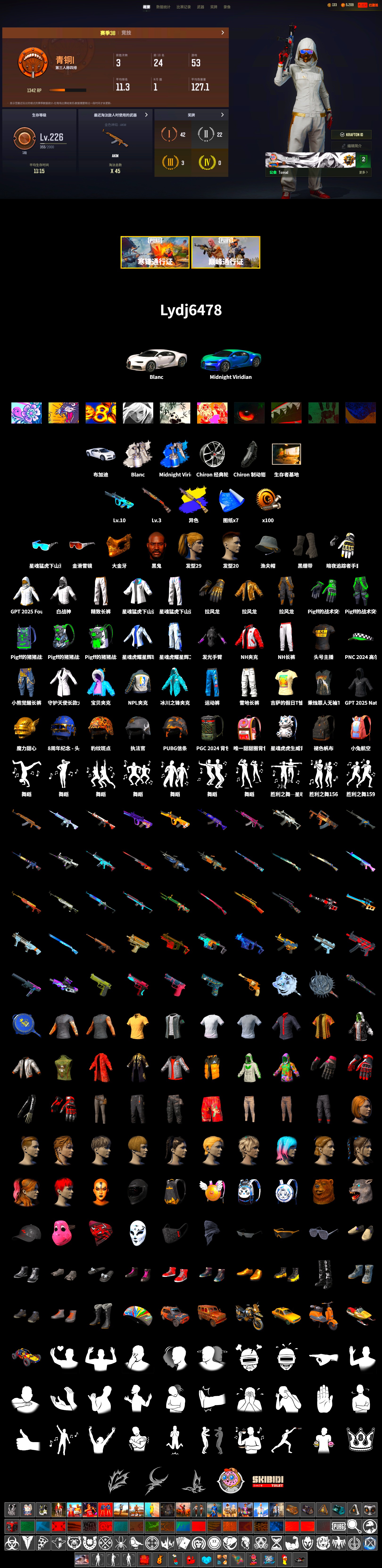 Duncan's Infiltrator Handwraps, «Chiron» Sports Car, Jonathan Kamau, PGC 2021 Contingent Chaos Mask, Harley Quinn's Hair, XingHun's Tiger Strike Jacket, XingHun's Tiger Strike Pants, NPL 2019 Phase 2 Jacket, Exquisite Pants, NH-Esports Jacket, StreamerOne, GPT 2025 Four Angry Men Jacket, Full Autumn — M416 - 2