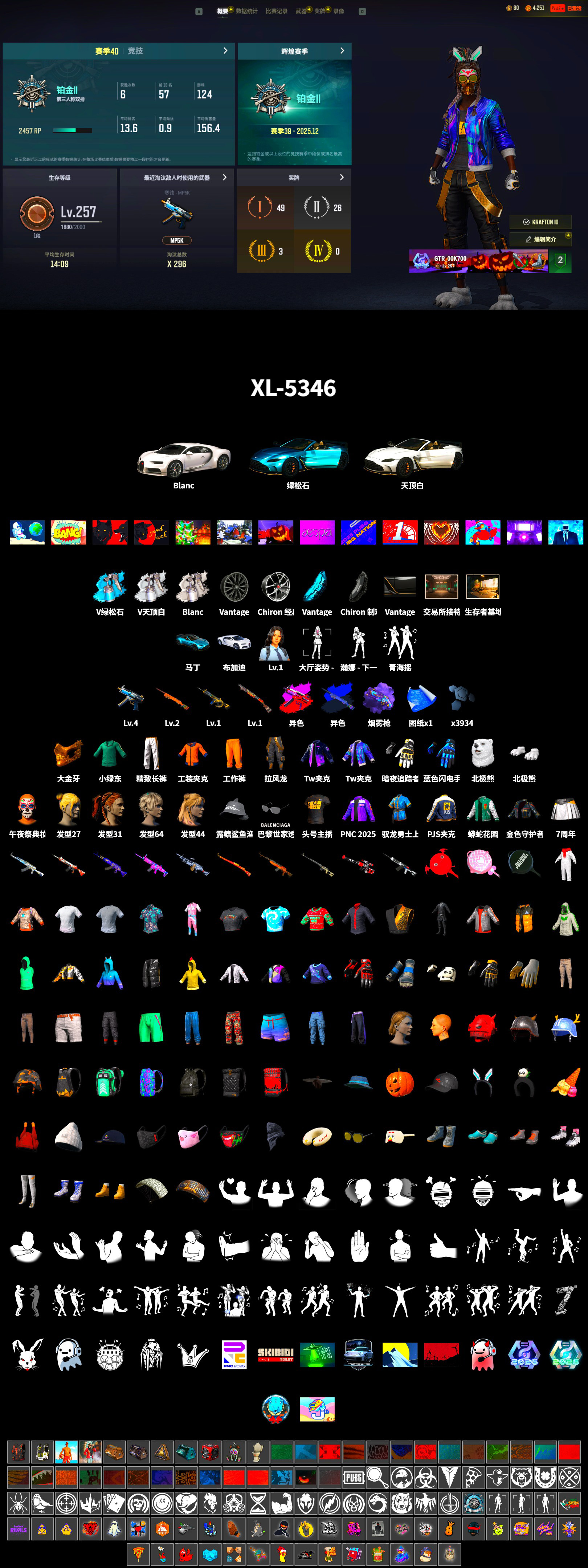 Final Serenade — M24 (Blue Black), Purple Magical Mist — M79, «Chiron» Sports Car, «V12 Vantage Roadster (Luxe)» Sports Car, PGC 2021 Contingent Chaos Mask, Polar Bear Feet, PJS 2019 Phase 2 Jacket, Exquisite Pants, StreamerOne, Full Autumn — M416, Blue Thunder Gloves, Hanna - 2