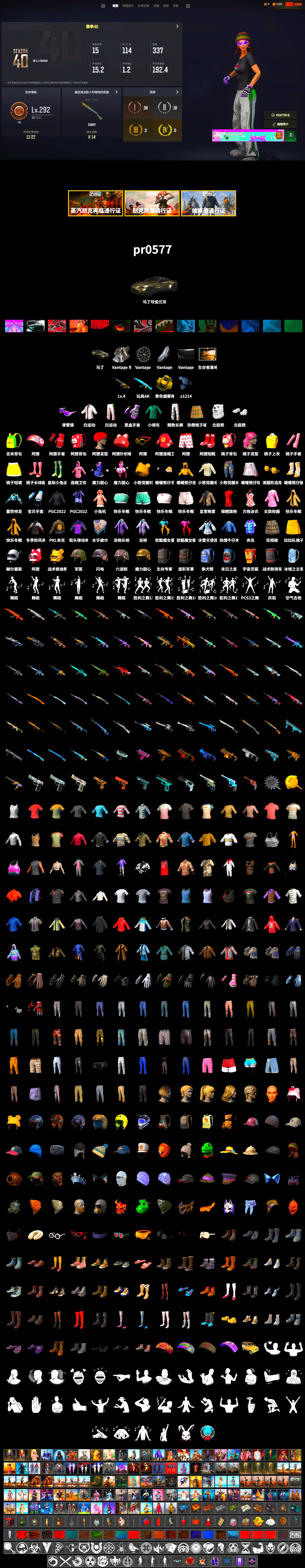 Green Stripe Tracksuit Pants, Heybox Gloves, «V12 Vantage Roadster» Sports Car, Ashek's AKM, Snow Glasses, Polar Bear Feet, MadDog — M16A4, PKL 2019 Phase 2 Jacket, Exquisite Pants, Full Autumn — M416, Silver Plate — M416, Bengal Blade - SCAR-L, Crimson Snowflake - QBZ, Heavy Fur Coat (Black), «DBX707» SUV - 2