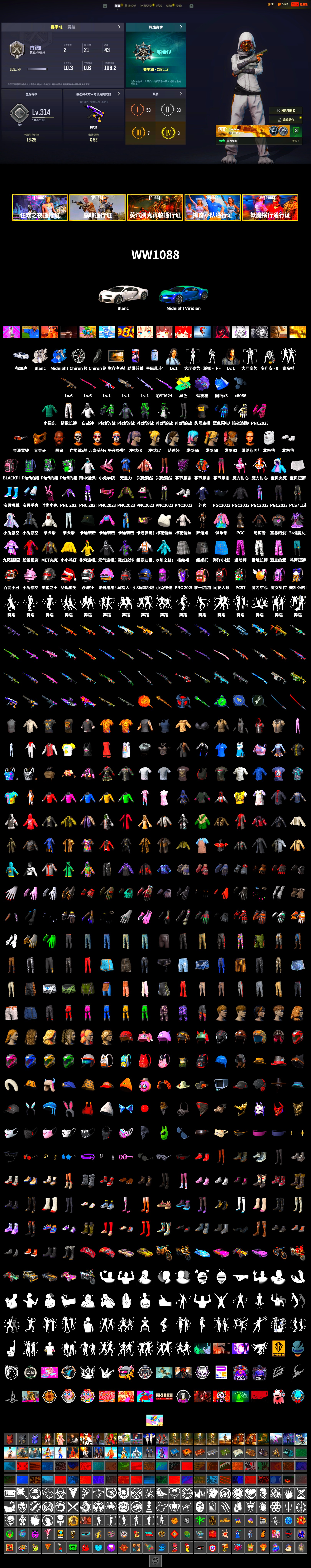 Purple Magical Mist — M79, «Chiron» Sports Car, Jonathan Kamau, PGC 2021 Contingent Chaos Mask, Polar Bear Feet, JennaJulien's M24, Sideshow Bear Feet, Exquisite Pants, XiongDi Hoodie, StreamerOne, Gold Plate — M416, XingHun's AKM, Blue Thunder Gloves - 2