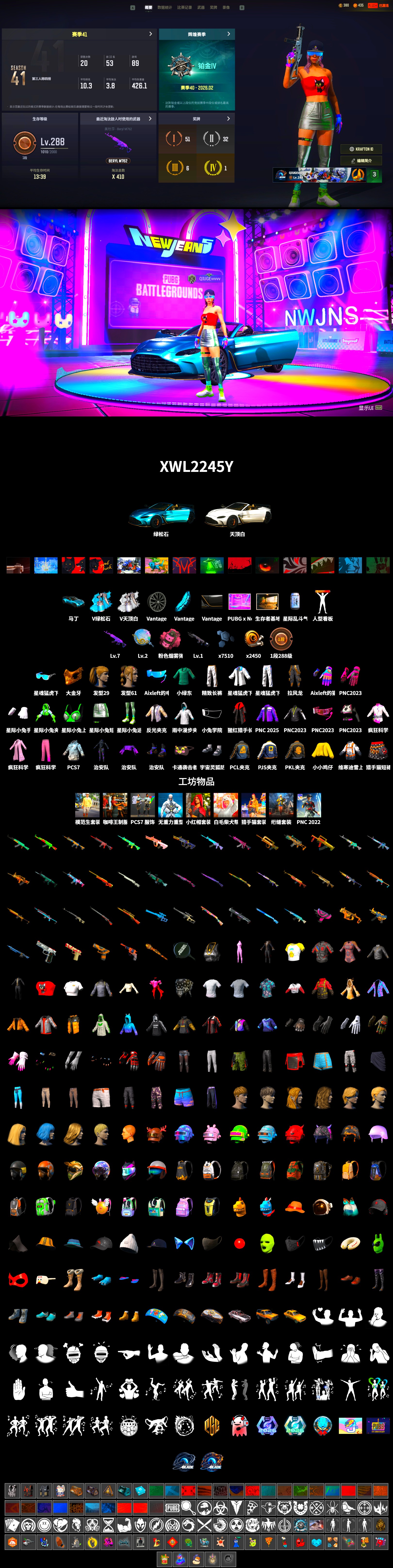 «V12 Vantage Roadster (Luxe)» Sports Car, PUBG x NewJeans Stage, PGC 2021 Contingent Chaos Mask, Harley Quinn's Hair, XingHun's Tiger Strike Jacket, XingHun's Tiger Strike Pants, PJS 2019 Phase 2 Jacket, PKL 2019 Phase 2 Jacket, Exquisite Pants - 2