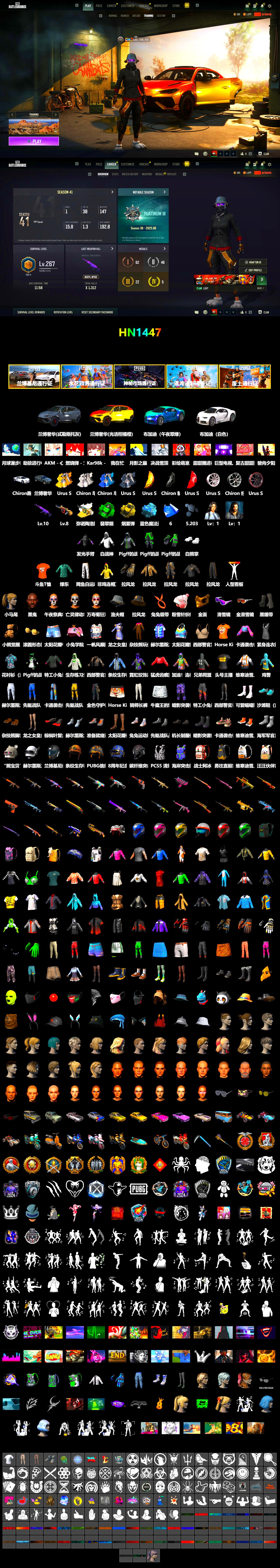 Emerald Smoke Grenade, Yellow Smoke Grenade, Blue Magical Mist — M79, Duncan's Infiltrator Handwraps, «Chiron» Sports Car, Jonathan Kamau, Snow Glasses, PGC 2021 Contingent Chaos Mask, Polar Bear Feet, Harley Quinn's Hair, Sideshow Bear Feet, XiongDi Hoodie, StreamerOne, Blue Thunder Gloves, DOUYU T-shirt - 2