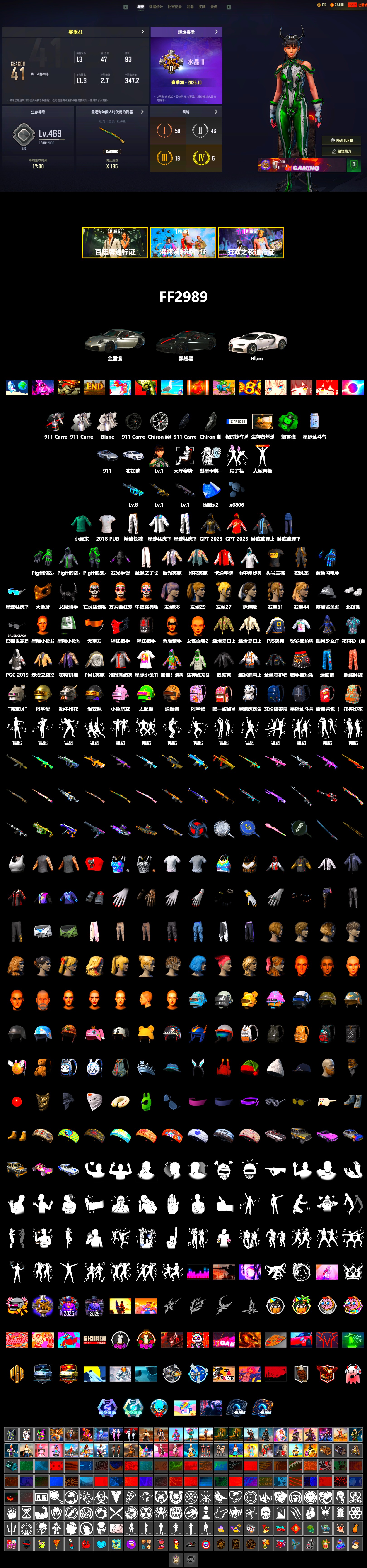 Emerald Smoke Grenade, «911 Carrera GTS» Sports Car, «Chiron» Sports Car, PGC 2021 Contingent Chaos Mask, Demon Biker Horns, Polar Bear Feet, Harley Quinn's Hair, PML 2019 Phase 2 Jacket, XingHun's Tiger Strike Jacket, XingHun's Tiger Strike Pants, PJS 2019 Phase 2 Jacket, Exquisite Pants, StreamerOne, Blue Thunder Gloves, 2018 PUBG ALL-STAR T-shirt (Korean) - 2