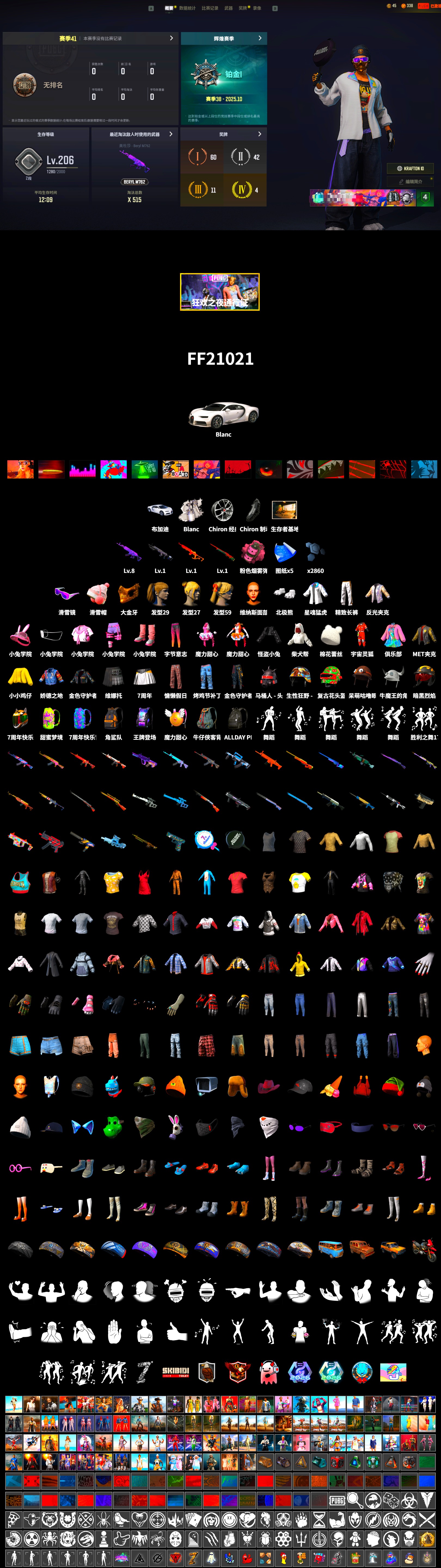 «Chiron» Sports Car, Snow Glasses, PGC 2021 Contingent Chaos Mask, Polar Bear Feet, Harley Quinn's Hair, XingHun's Tiger Strike Jacket, Exquisite Pants, Full Autumn — M416 - 2