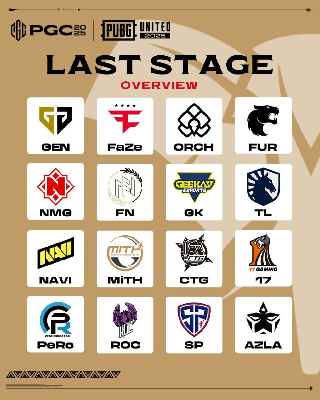 PGC2025 LAST STAGE 的战队列表图，含 16 支参赛战队标识