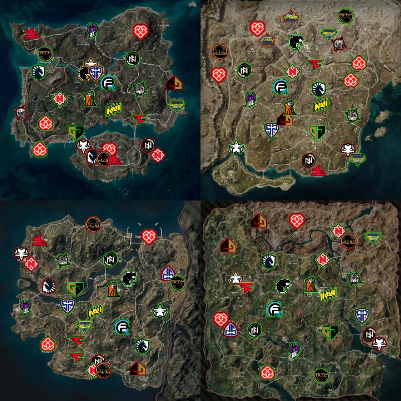 四张 PGC2025 赛事地图，标注了各战队落点分布