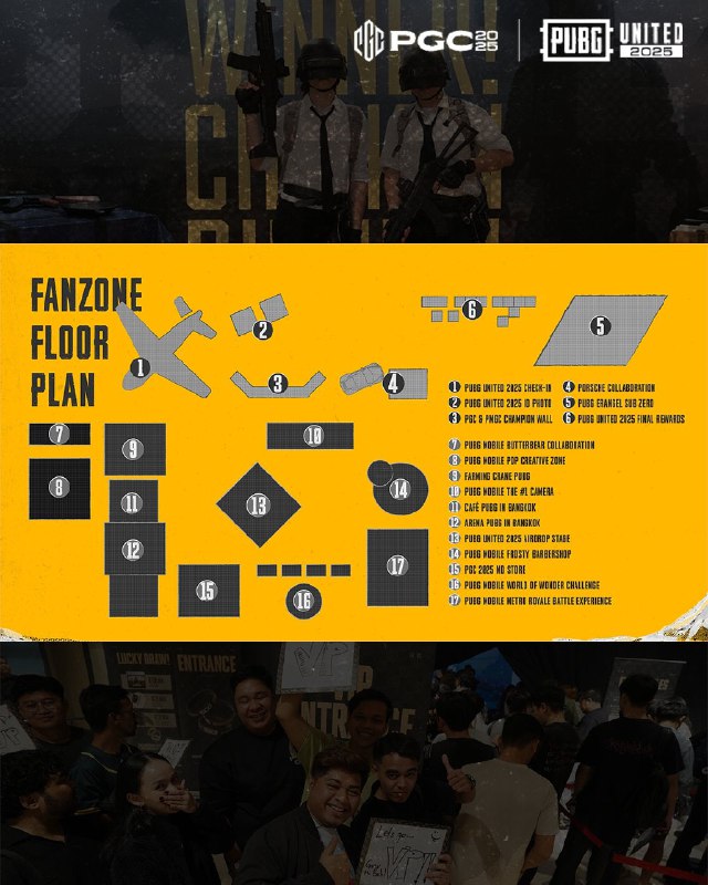 PGC25 背景，粉丝区平面图，标注 17 个展位，下方有玩家合影